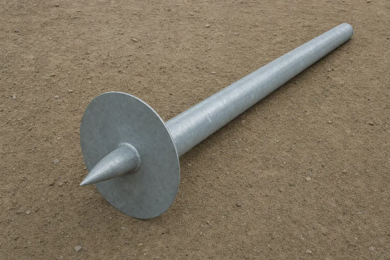 A galvanised steel pile with a flat round plate near a pointed tip, lying on bare ground — screw piles, Newcastle. Illustrative example.