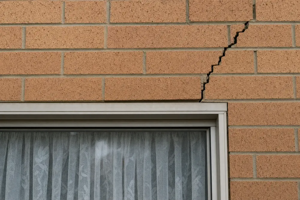 A brick wall above a window with a stepped crack rising from the corner of the window head — underpinning, Newcastle. Illustrative example.