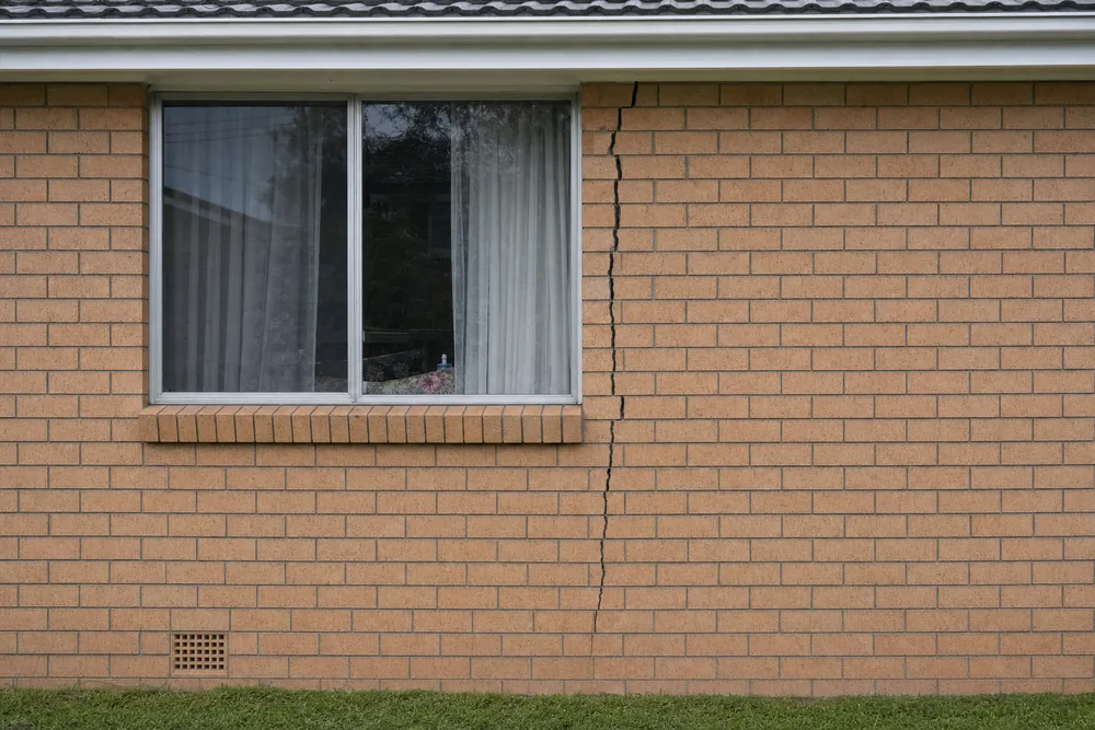 A brick wall with a window and a single vertical crack running up beside it from near the base to the gutter — underpinning, Newcastle. Illustrative example.