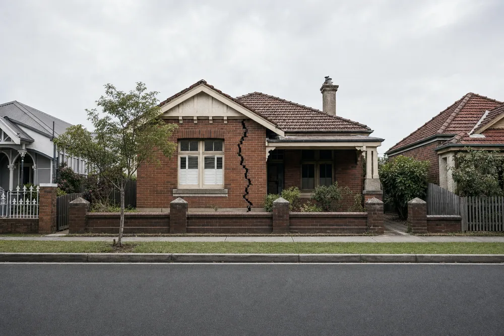 A single-storey brick house with a gabled front and a tiled roof on a suburban street, a stair-step crack running down the front wall beside the window, neighbouring houses and a footpath in front — underpinning, Newcastle. Illustrative example.