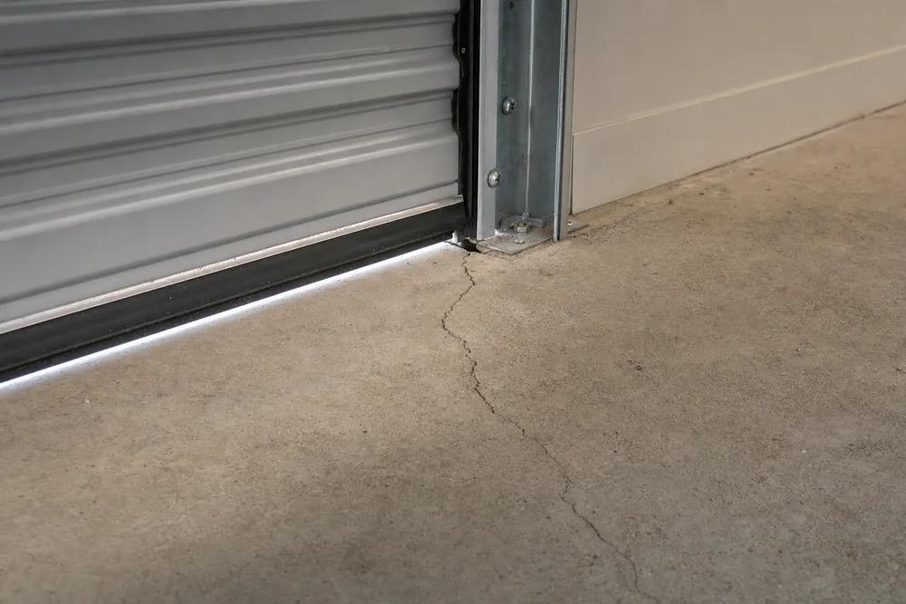 A garage floor with a fine crack running from the base of a roller-door track and a small chip beside its base plate — underpinning, Newcastle. Illustrative example.