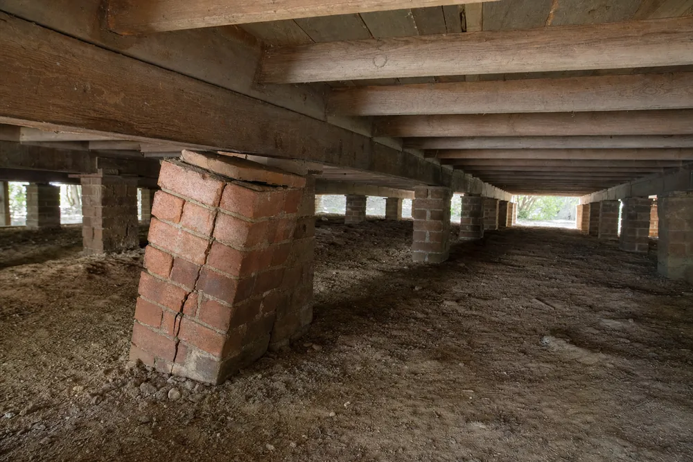 The space under a timber floor, with brick piers holding bearers and joists and one pier leaning, cracked, with a gap under the bearer — restumping, Newcastle. Illustrative example.
